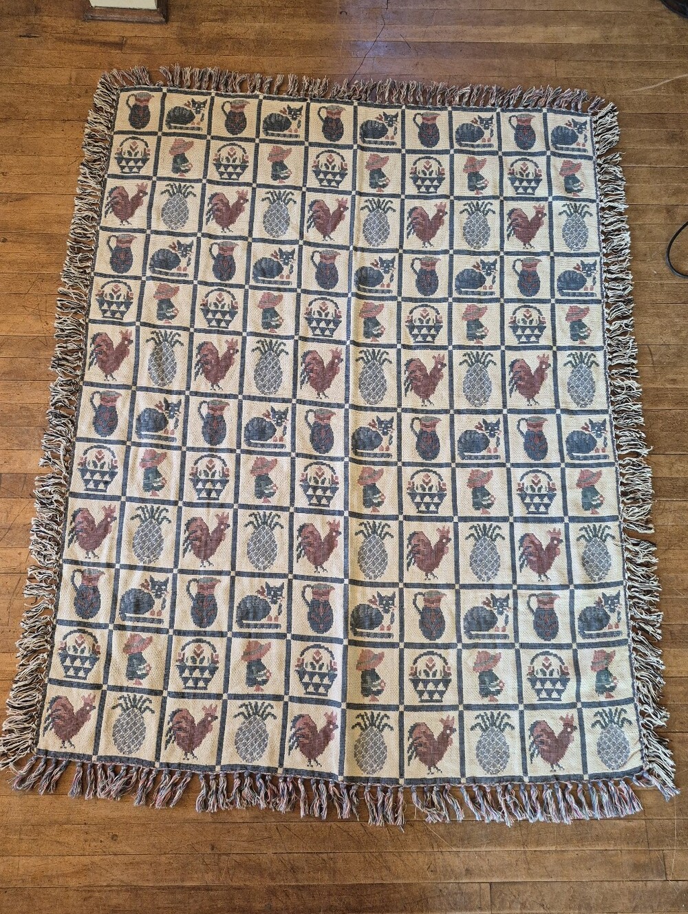 Cotton Cottage Core Woven Throw Blanket Roosters Pineapple Baskets Ect